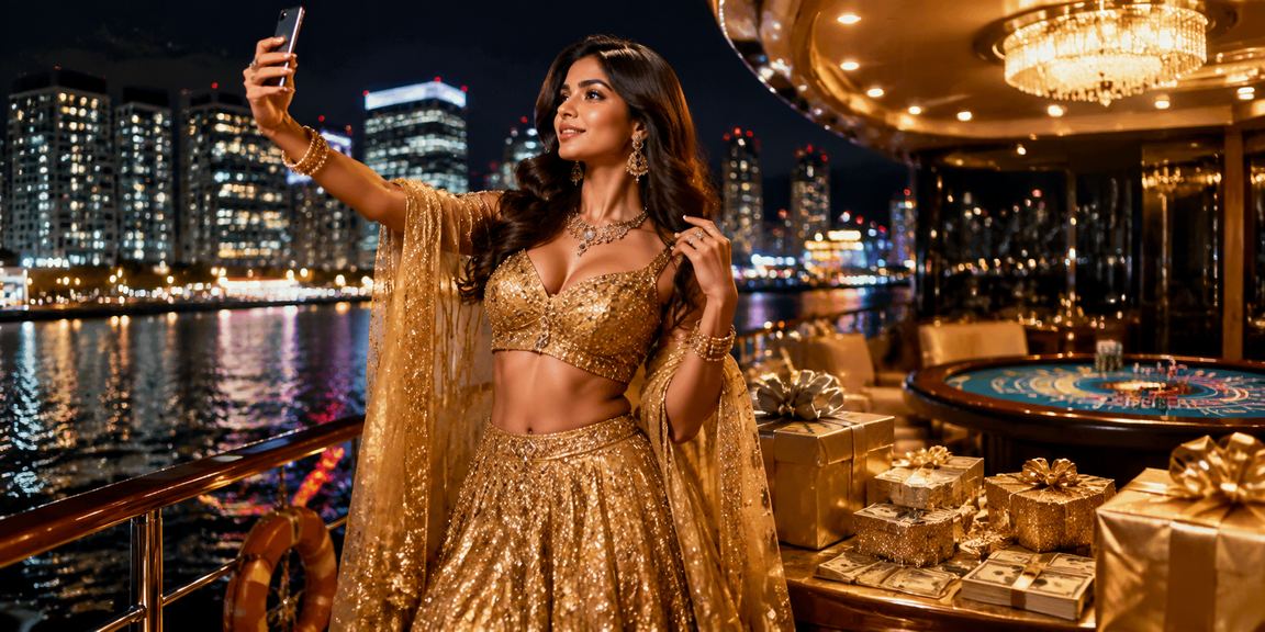 Indian woman playing mobile casino game in traditional dress