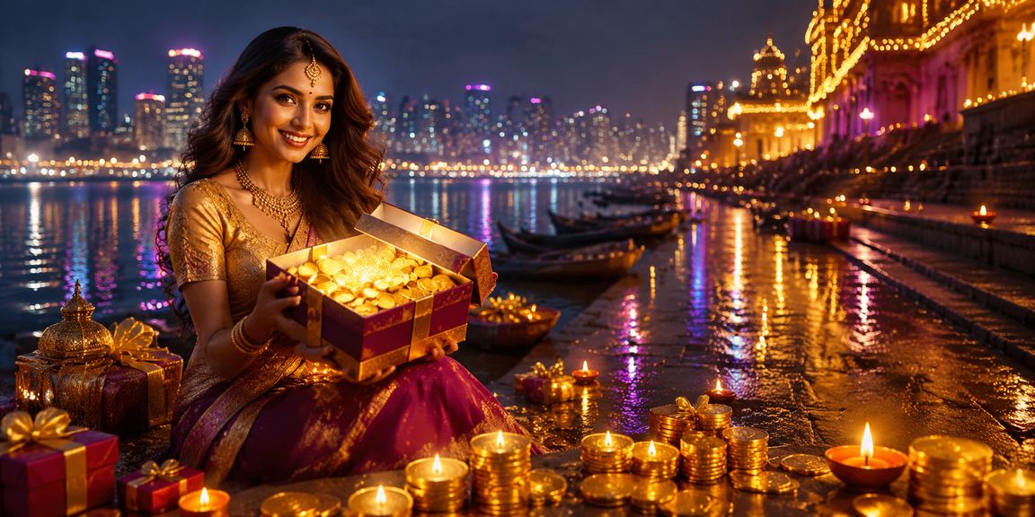 Nighttime Mumbai cricket betting scene with Diwali festival lights